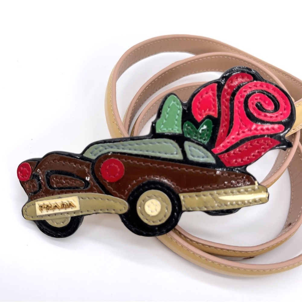 Prada Authentic Vintage XL Buckle Novelty Car Roses Belt Patent Leather 90/36 🚗